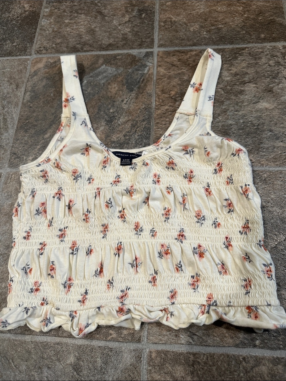 American Eagle Outfitters Ivory Floral Smocked Crop Tank